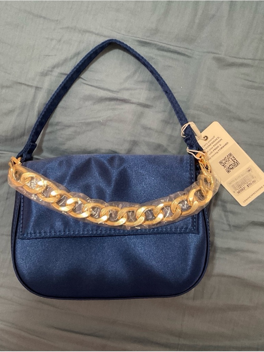Urban Expressions Navy Satin Mini Bag with Gold Chain